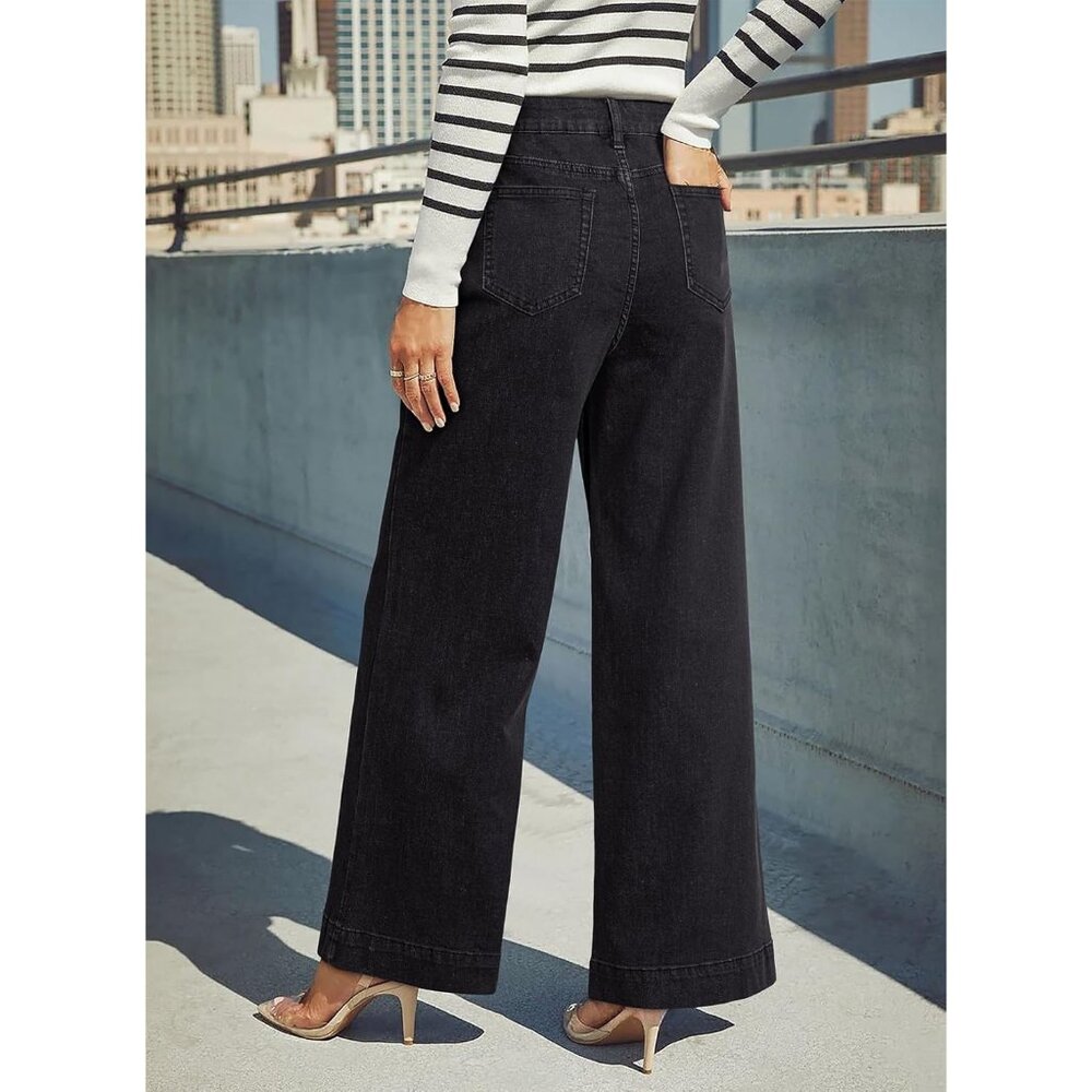 Women's Black High Waisted Wide Leg Denim Jeans Stretchy Loose Pants with Pocket - Picture 5 of 6